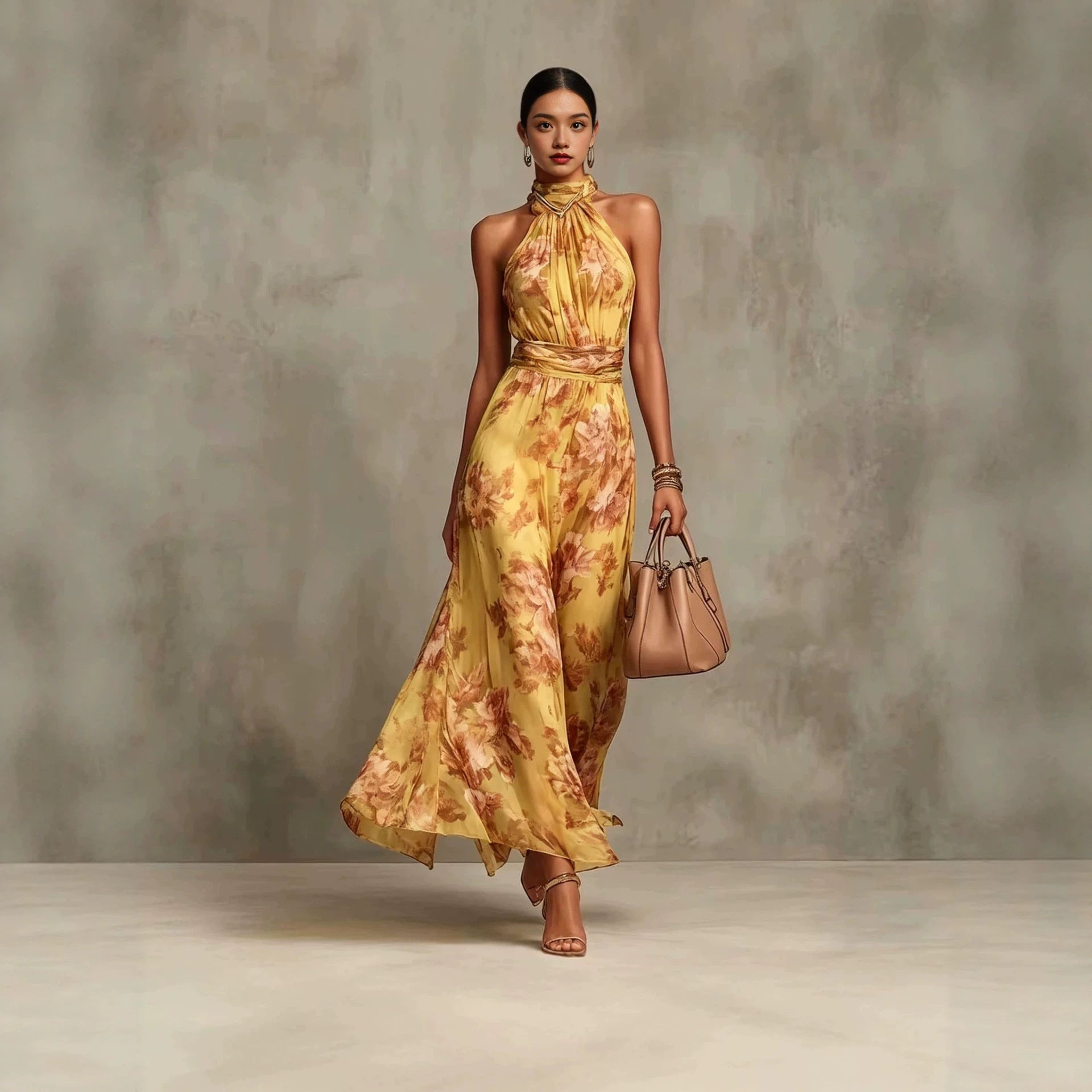 Neck-hanging Printed Chiffon Maxi Dress 