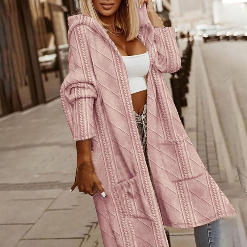 Women's Textured Hooded Longline Jacket, Solid Color Casual Oversized Top With Pockets For Fall & Winter CJ US