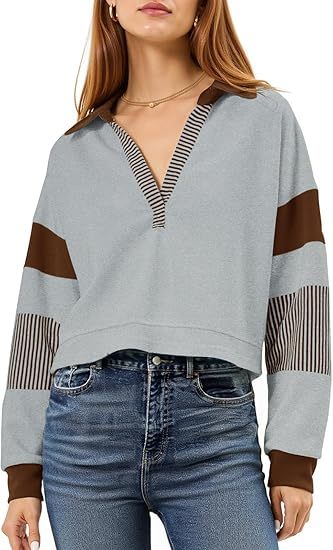 Fisoew Women's Long Sleeve Crop Tops Polo V Neck Color Block Casual Loose Pullover Cropped Sweatshirt Diversi Fashion™