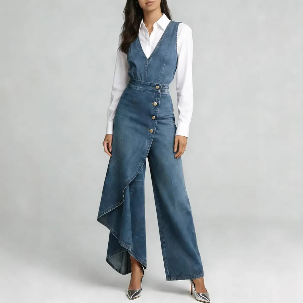 Western-style V-neck Asymmetrical Denim Jumpsuit 