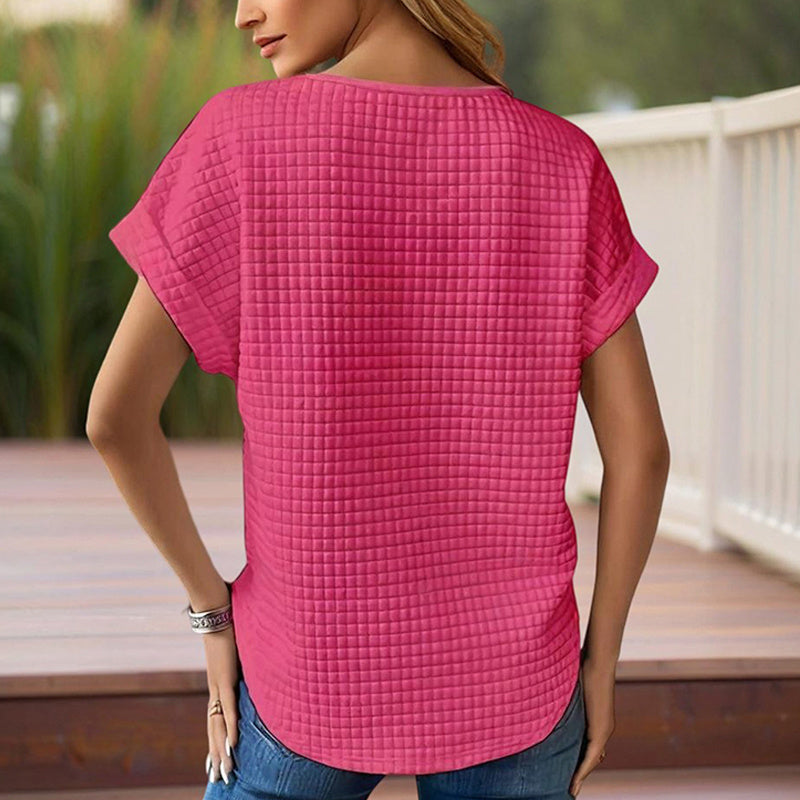 Women's Solid Color Round Neck Short Sleeve Top - Textured Cuff Detail Comfortable Summer Casual Tee CJ US