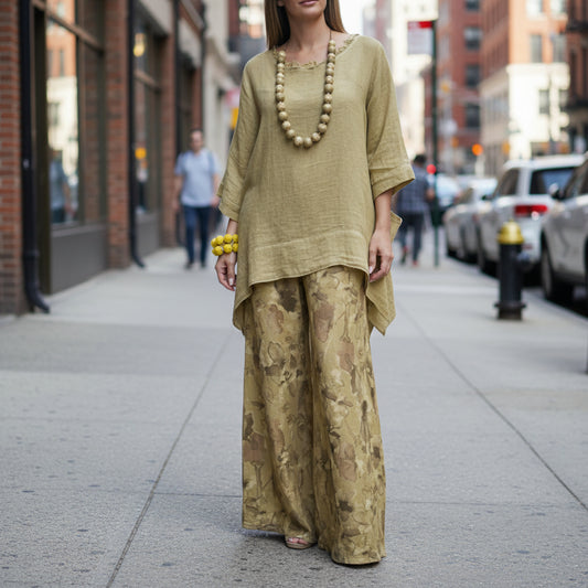 Womens Casual Cotton-Linen Irregular Top And Wide-Leg Pants Set 