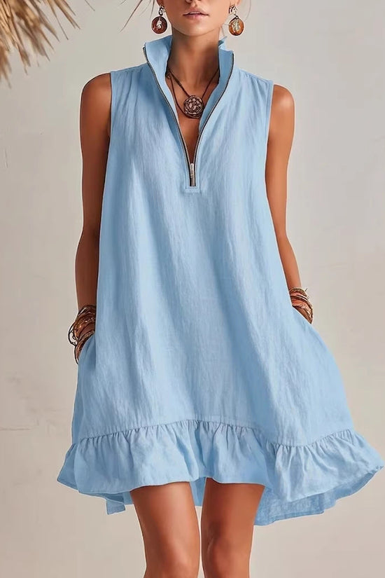 New Stylish Casual Loose Half-Zip Sleeveless Dress With Ruffle Hem 