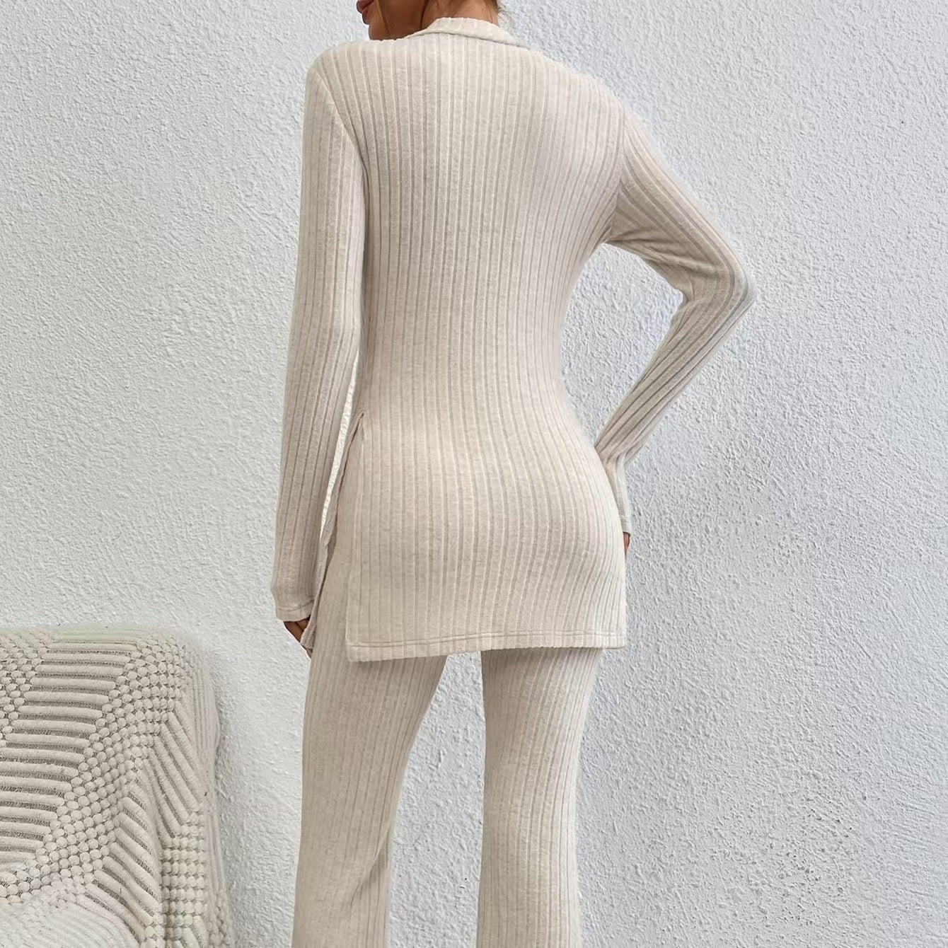 Women's Solid Color Set 2-piece Fashionable Ribbed V-neck Top And Pants Set Knitted CJ US