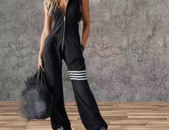 New Style Sporty Retro Lace Striped Sleeveless Hooded Jumpsuit 