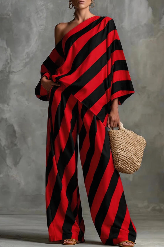 Retro Striped Printed Chiffon Top And Wide-leg Pants Set 