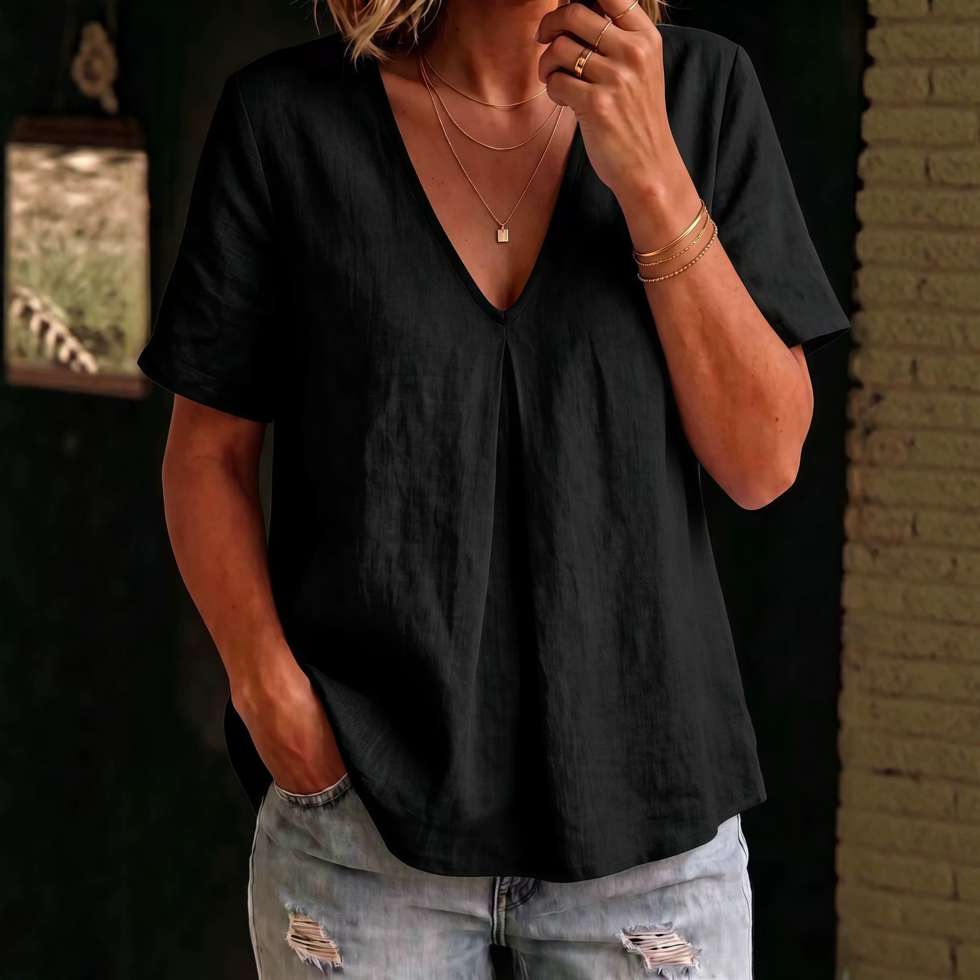 Women's Solid-Color Pleated Cotton-Linen Short-Sleeve Shirt T-Shirt 