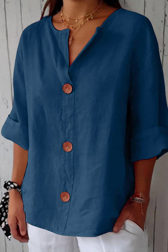 Women's V-neck cotton and linen buttoned blouse 