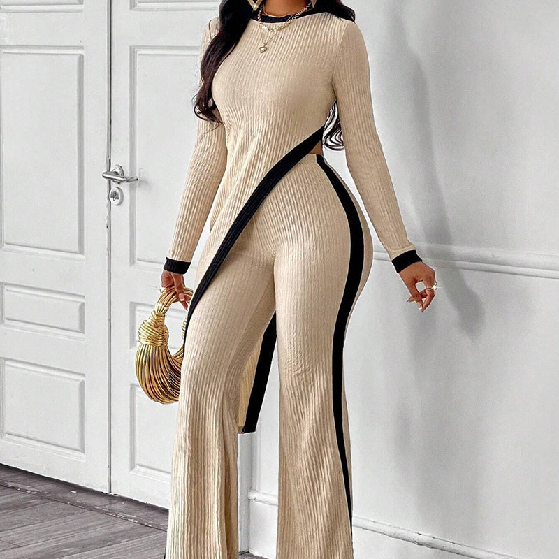 Women's 2 Piece Outfit Sexy Asymmetrical Hem Long Sleeve Top And Wide Leg Pants Sets Elegant Vacation Going Out Suit Diversi Fashion™