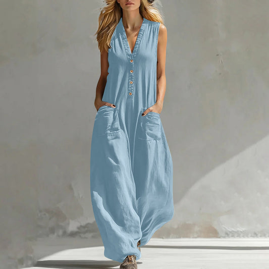Womens Casual Linen-Cotton Sleeveless Jumpsuit With Two Pocket Straps 