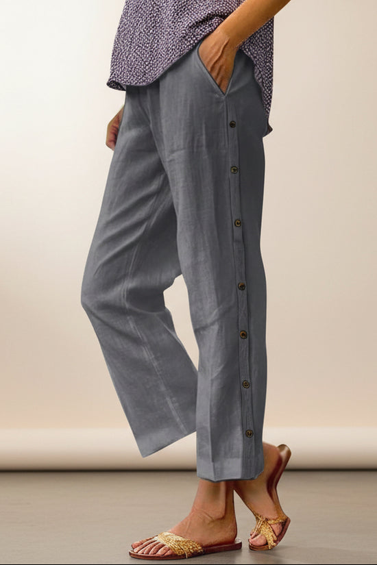 Cropped Pants With Decorative Buttons Along The Side Seams 