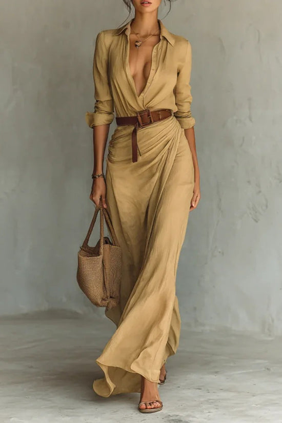 Autumn Elegant Solid Color Irregular Ruffled Dress With Belt, Sexy Slim Waist Long Dress 