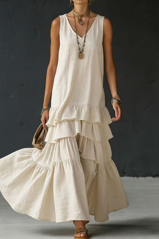 Solid-color Womens Loose-fitting Full-skirted Sleeveless Dress 