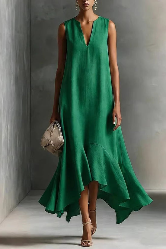 New Stylish Deep V-Neck Sleeveless Elegant Asymmetrical Hemline Dress 