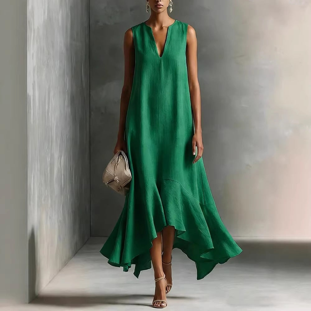 New Stylish Deep V-Neck Sleeveless Elegant Asymmetrical Hemline Dress 