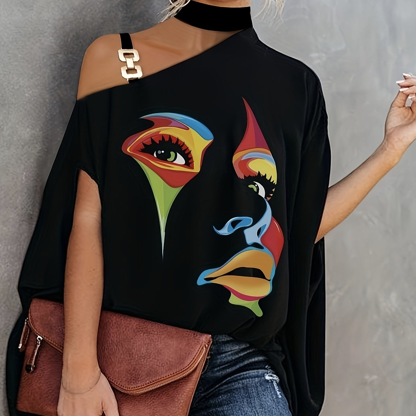 Ladies' Fashionable Slanted Shoulder Collar Printed T-shirt Top CJ US