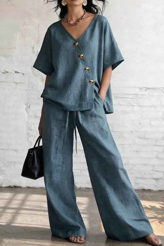 Casual Vacation Loose Cotton-Linen V-Neck Wide-Leg Pants Two-Piece Set 