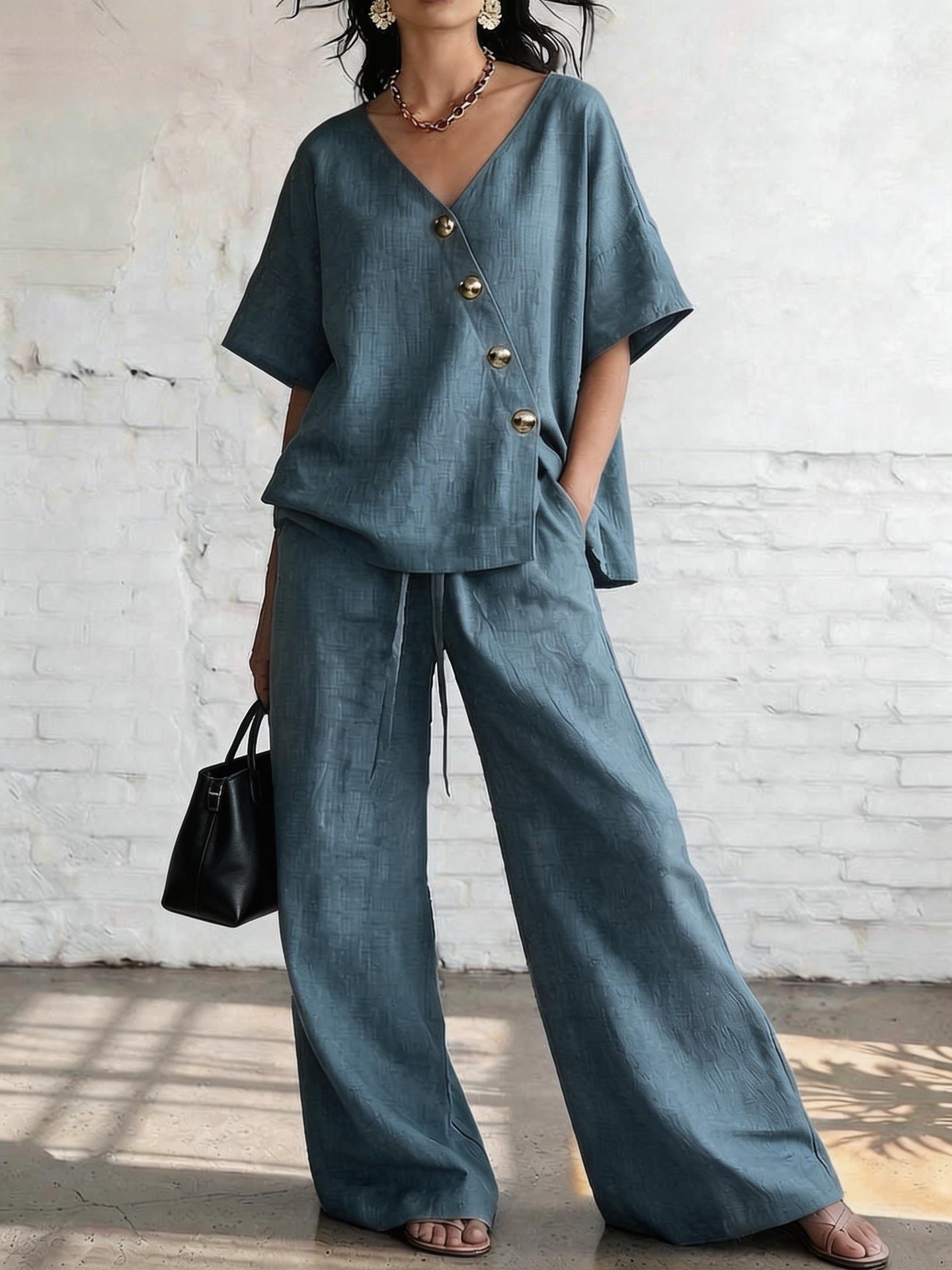 Casual Vacation Loose Cotton-Linen V-Neck Wide-Leg Pants Two-Piece Set 