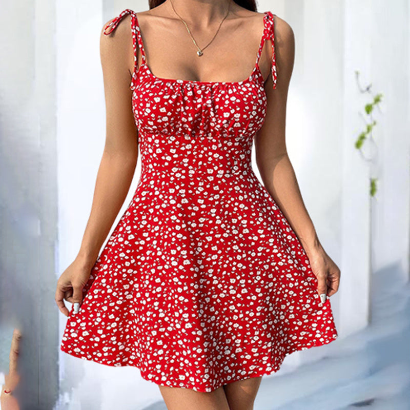 Womens Floral Mini Dress Spaghetti Strap Sleeveless Tie Shoulder Ruffle Summer Boho Dresses CJ US