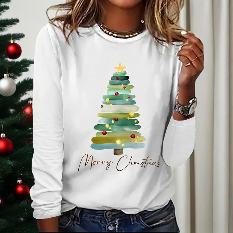 Women's Long Sleeve Merry Christmas T-Shirt, Cute Christmas Tree Graphic Tee, Funny Holiday Party Top CJ US