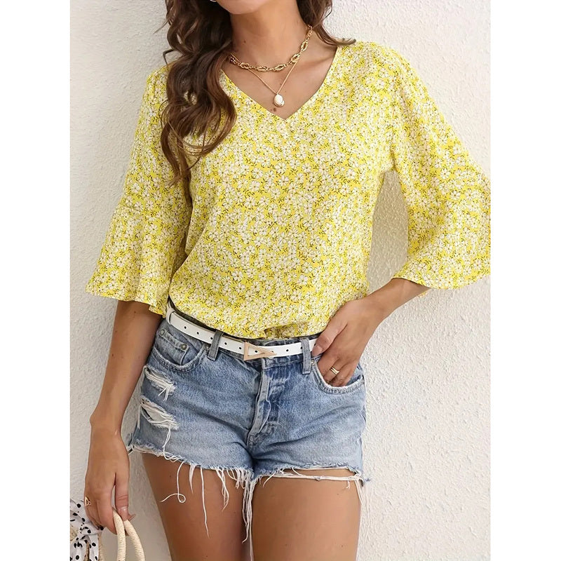 Womens Summer Floral Print Blouses V-Neck Flare Sleeve Tops Dressy Casual T-Shirts CJ US