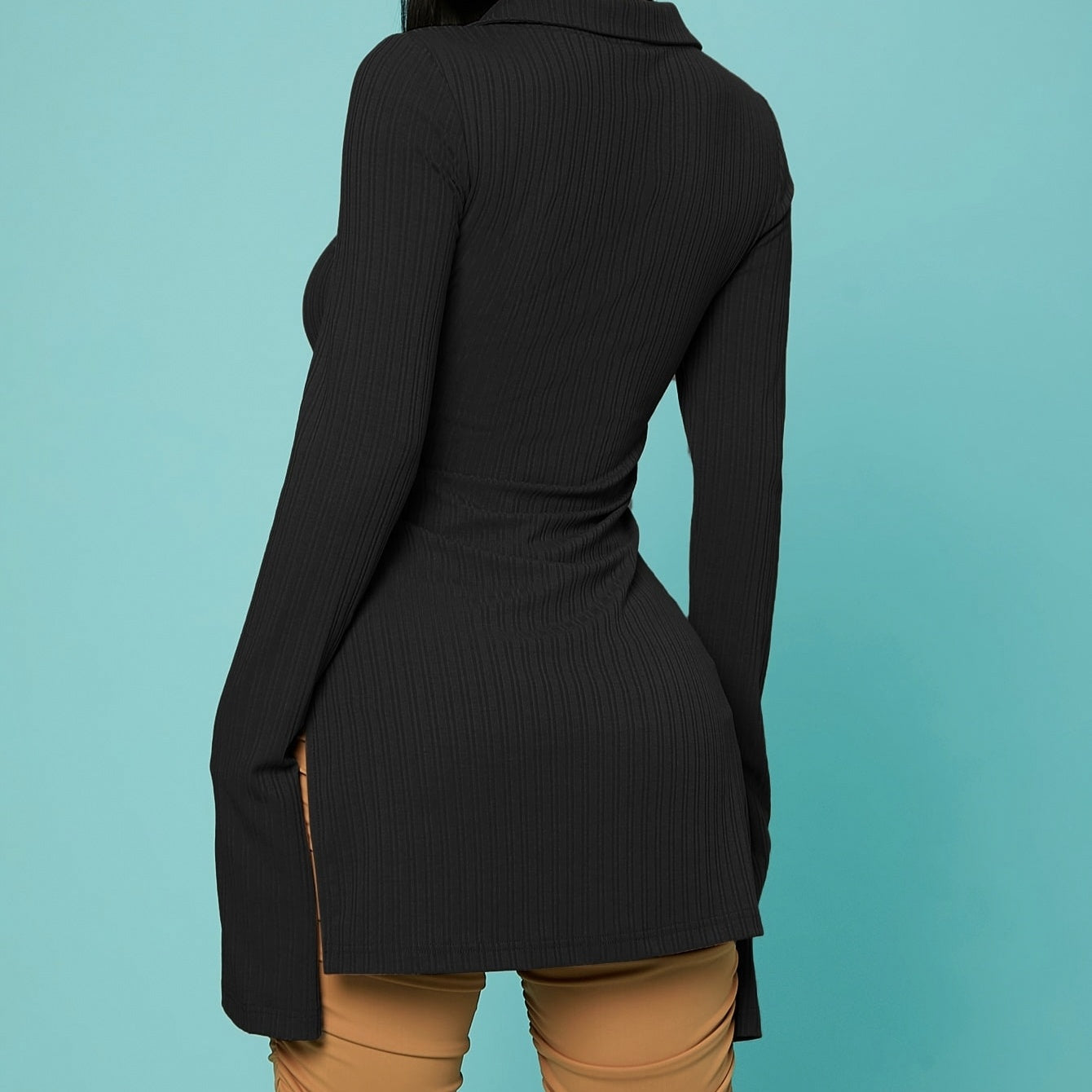 Ladies' V-neck Solid Color Button Slit Elegant Ribbed Knit Shirt Top CJ US