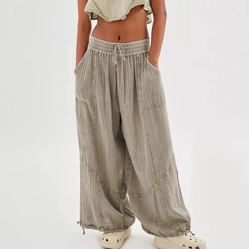 Women's Solid-color Wide-leg Pants With Elastic Drawstring Waist Elasticized Leg Cuffs Side Pockets For Spring&Fall Fashionable Simple Wear CJ US
