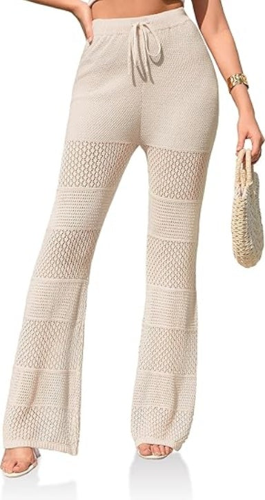 Saodimallsu Womens Beach Cover Up Pants Boho Crochet Knit High Waist Drawstring Sheer Hollow Swim Pant Swimwear CJ US