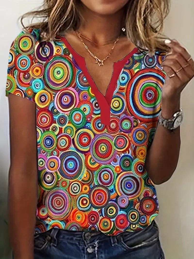 New V-neck Red Candy Print Short Sleeve T-shirt Loose Casual Top For Summer CJ