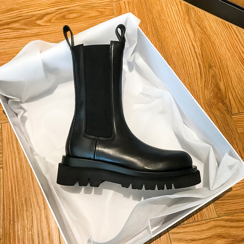 Mid-calf Thick-soled Women's Leather Boots In British Style 