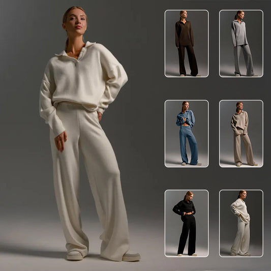 Fall Winter Two Piece Set Women's Simple Loose Solid Color Collar Sweater Set Fashion Casual Sport Wear Set 