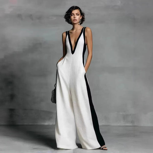 Sleeveless Womens V-Neck Contrasting Color Wide-Leg Jumpsuit 