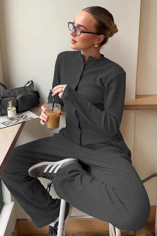Half-high-neck Rib-knit Long-sleeve Cardigan And Button-front Trousers Set 