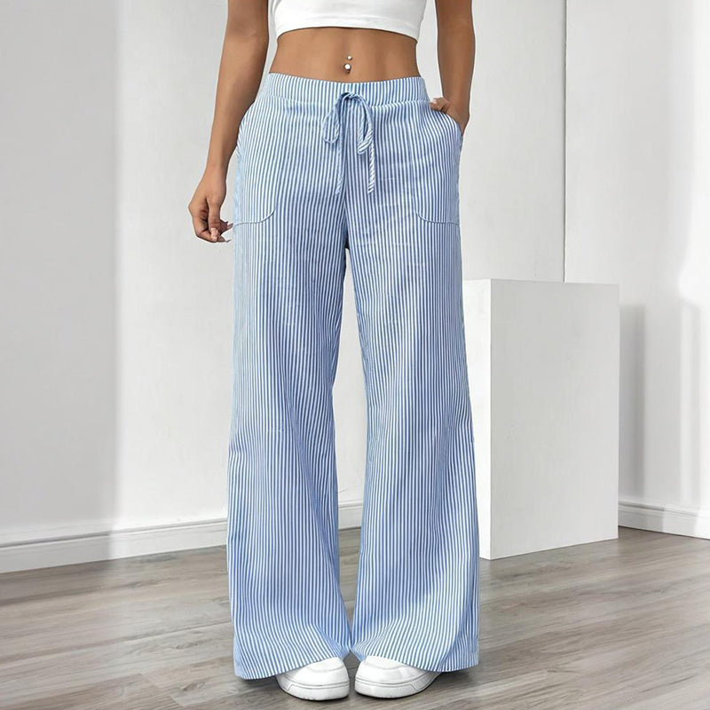 Women's Striped Print Straight Wide Leg Pants Drawstring Waist Slant Pockets Pants Casual Long Pants CJ US