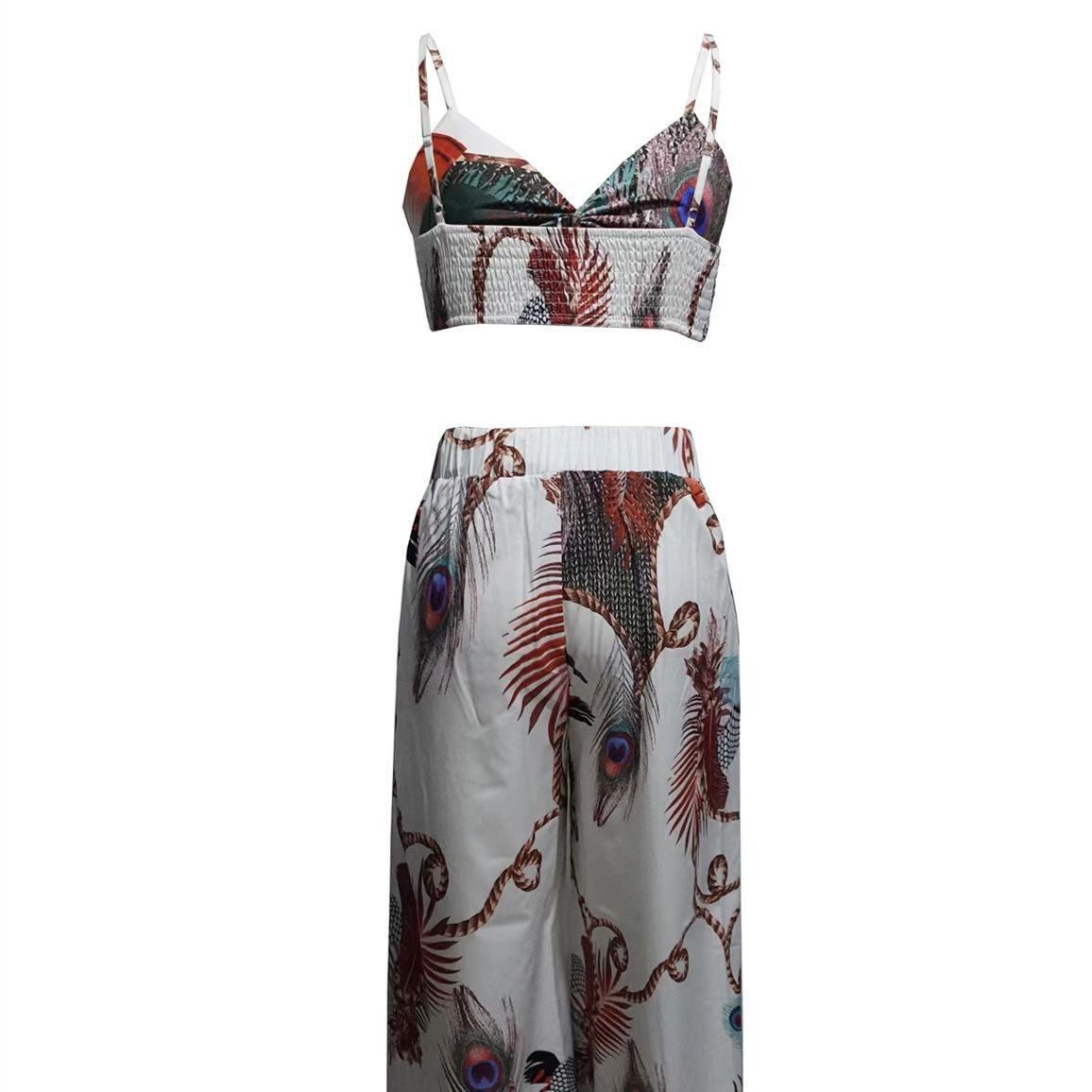 Women's Feather Printed Black Vacation Sexy Strap Pants Set CJ US