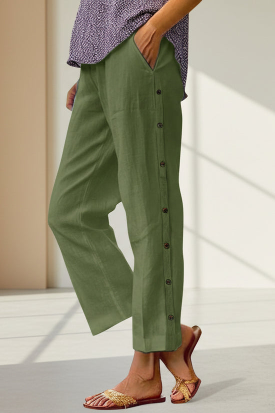 Cropped Pants With Decorative Buttons Along The Side Seams 
