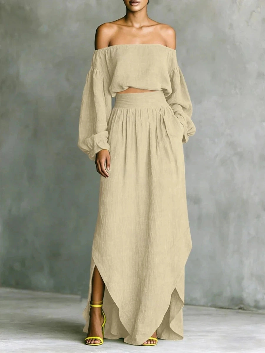 Casual Off-shoulder Top And An Asymmetrical Skirt Two Pieces 