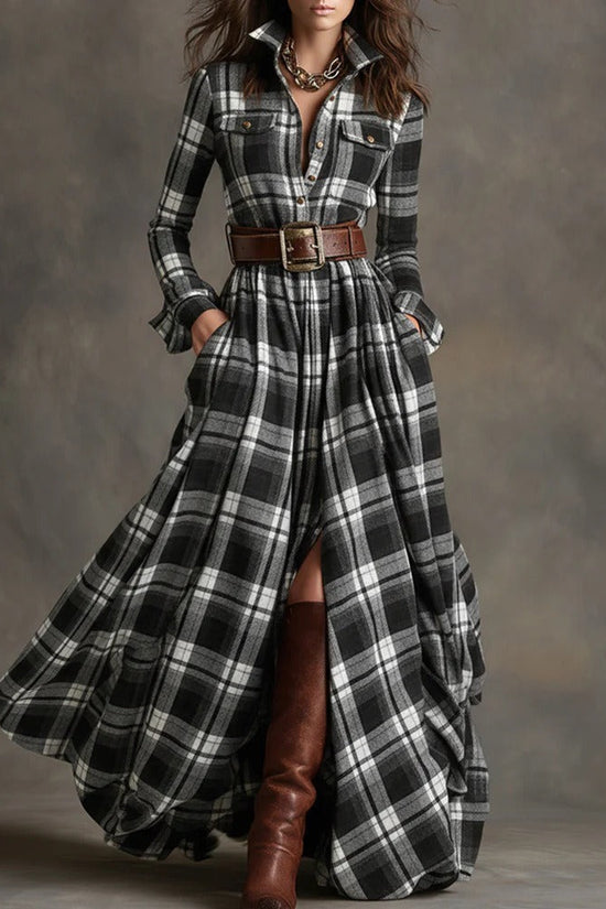 Ins Plaid Print Long-Sleeved Dress Fashion Pockets Collared Buttons Shirt Long Dresses Retro Women's Clothing 