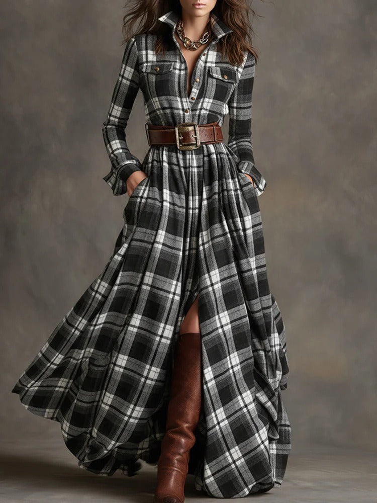 Ins Plaid Print Long-Sleeved Dress Fashion Pockets Collared Buttons Shirt Long Dresses Retro Women's Clothing 