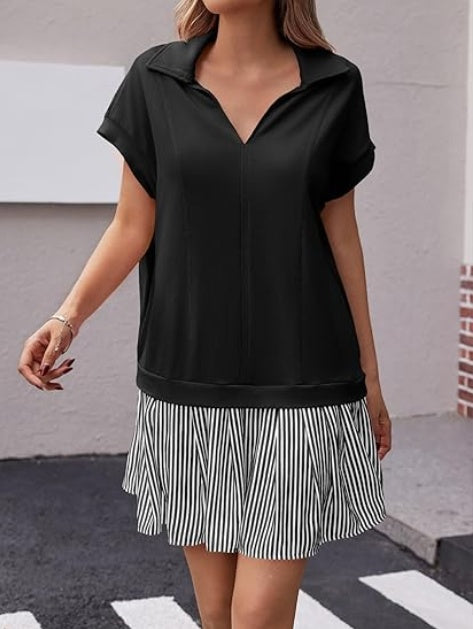 Fisoew Womens Summer Mini Dress Casual Patchwork Short Sleeve Polo V Neck Striped Dresses With Pockets CJ US