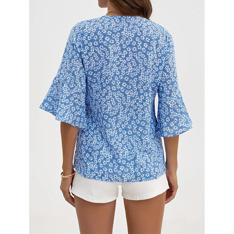 Womens Summer Floral Print Blouses V-Neck Flare Sleeve Tops Dressy Casual T-Shirts CJ US