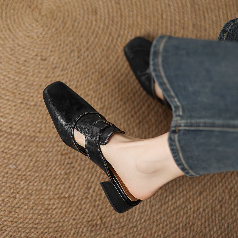 Retro Closed Toe Half Slippers Women's Summer Low Heel Thick Heel Rear Empty Sandals CJ