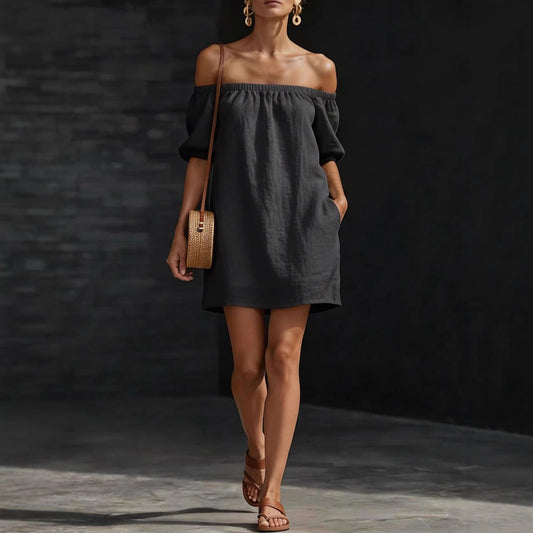 Cotton-linen Womens Off-shoulder Fashionable Loose-fitting Dress 