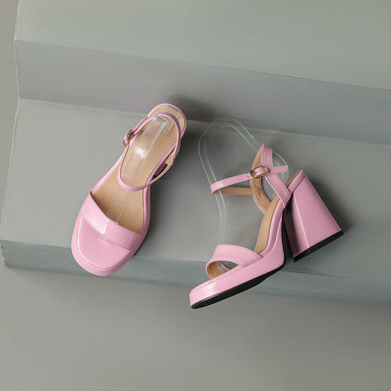 Womens Solid-color Round-toe Chunky-heel Sandals 