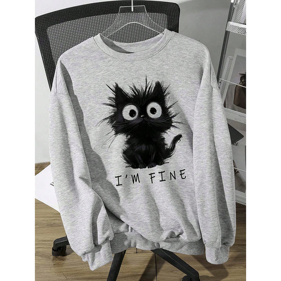 Women's Cute Kitten Graphic Sweatshirt, Fluffy Cat Letter Print Hoodie, Long Sleeve Crewneck Pullover Top CJ US