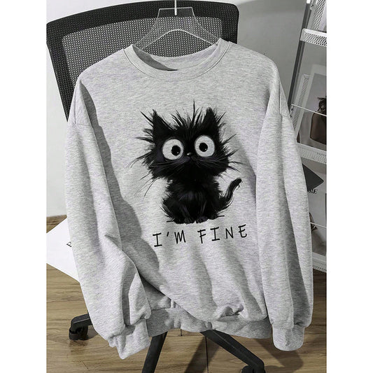 Women's Cute Kitten Graphic Sweatshirt, Fluffy Cat Letter Print Hoodie, Long Sleeve Crewneck Pullover Top CJ US