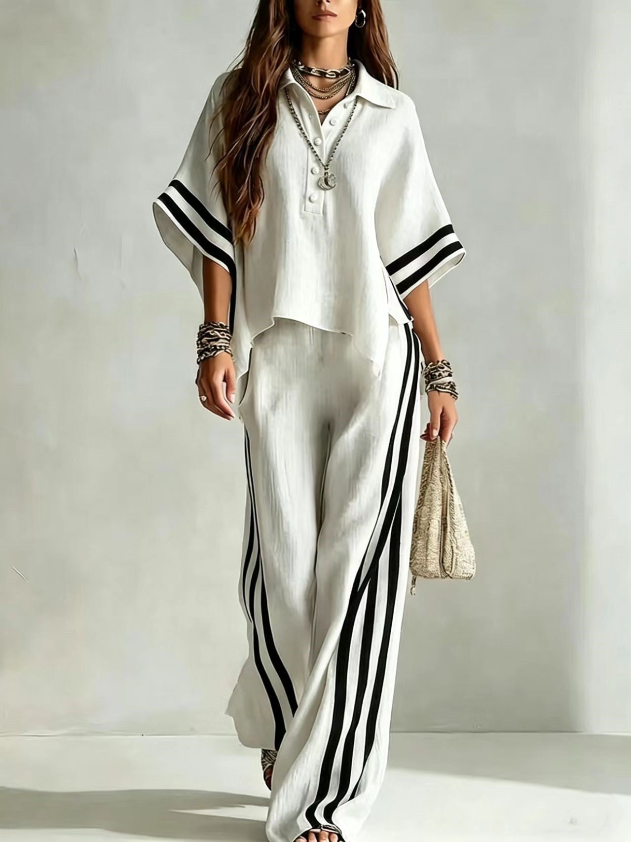 Womens Clothing Short-Sleeve Shirt And Loose Pants Two-Piece Set 