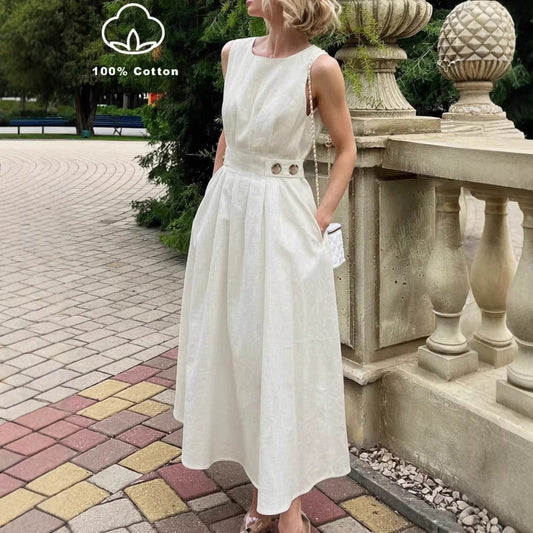 French-style Elegant Casual Minimalist Sleeveless Crew-neck Dress 