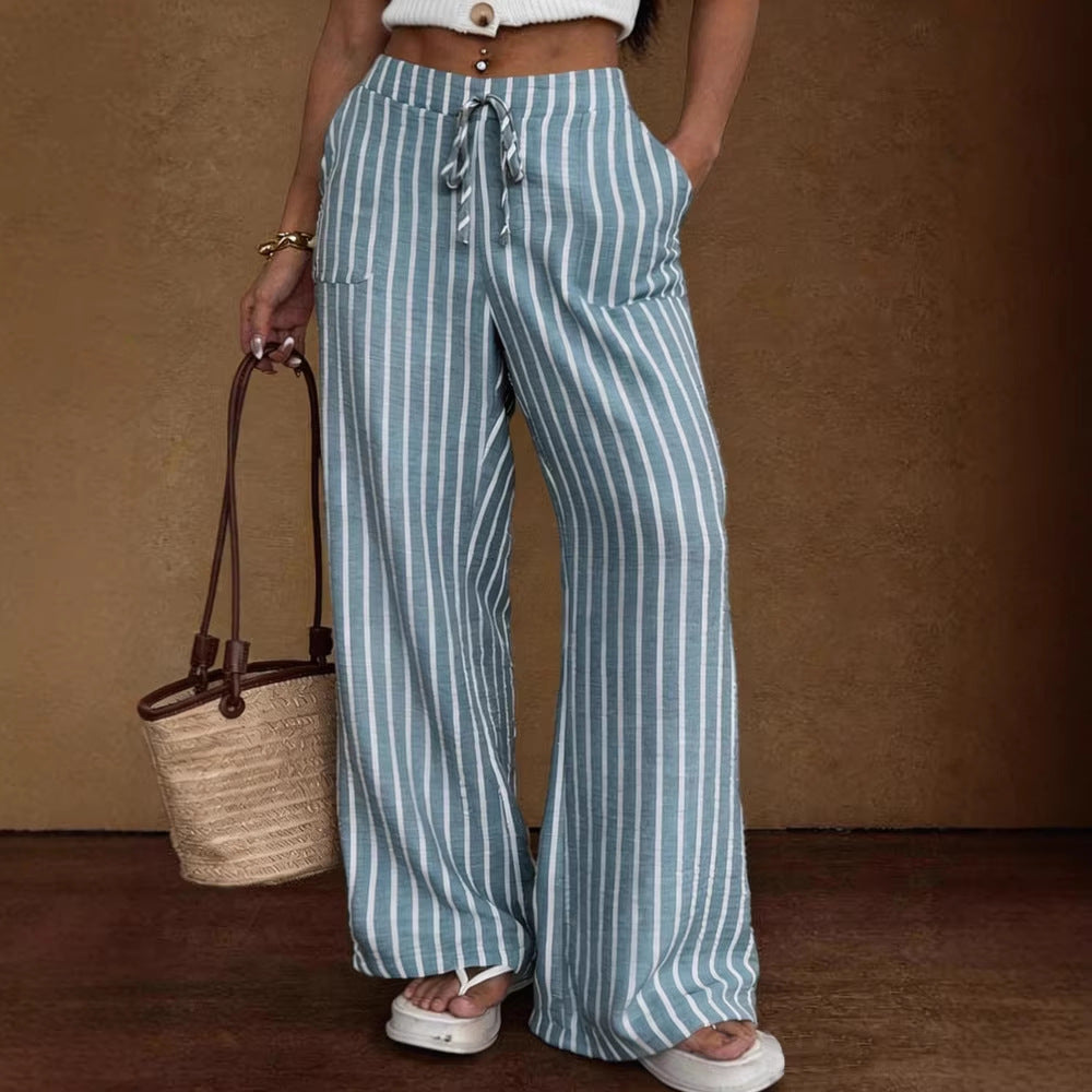 Striped Loose Commuter Casual Lace-up Elastic-waist Wide-leg Trousers 