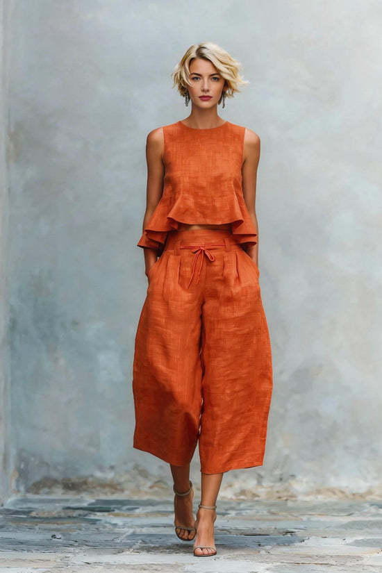 Womens Linen-blend Two-piece Set With Ruffled Detailing 